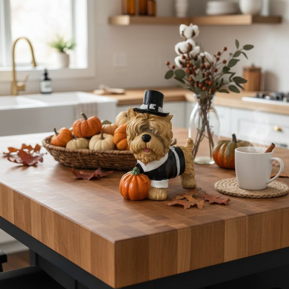 Pilgrim Dog with Pumpkin Resin Fall Autumn Decor Thanksgiving Home Decoration